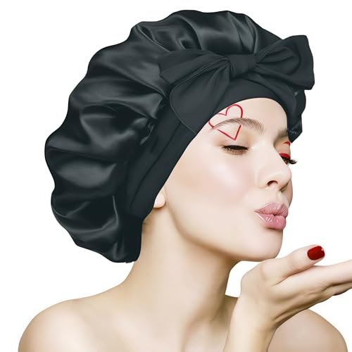 VECIIR Seidenhaube für Schlafen Damen, Verstellbare Haube für Locken, Satin Bonnet reduziert Reibung und Kräuselung, Schwarz, Groß