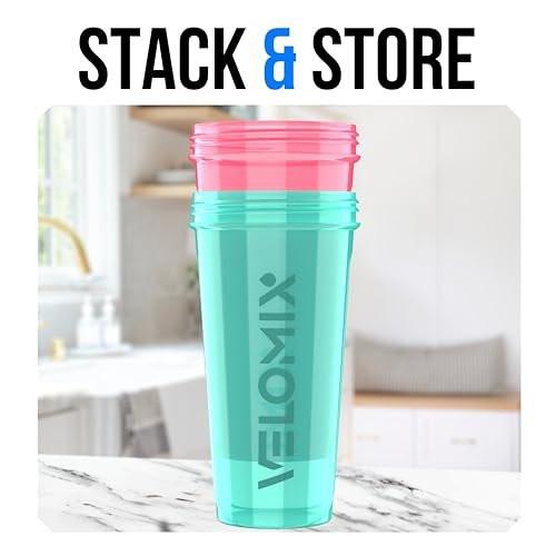 VELOMIX 2er-Pack 28 oz Proteinshaker-Flaschen für Proteinshakes - 2x Drahtschneebesen | Auslaufsichere Shaker-Becher für Proteinmischungen (Pink/Türkis)