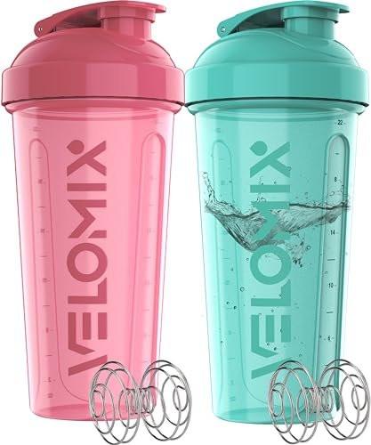 VELOMIX 2er-Pack 28 oz Proteinshaker-Flaschen für Proteinshakes - 2x Drahtschneebesen | Auslaufsichere Shaker-Becher für Proteinmischungen (Pink/Türkis)