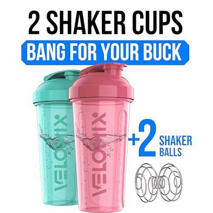 VELOMIX 2er-Pack 28 oz Proteinshaker-Flaschen für Proteinshakes - 2x Drahtschneebesen | Auslaufsichere Shaker-Becher für Proteinmischungen (Pink/Türkis)