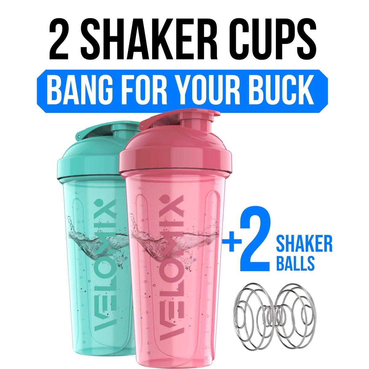VELOMIX 2er-Pack 28 oz Proteinshaker-Flaschen für Proteinshakes - 2x Drahtschneebesen | Auslaufsichere Shaker-Becher für Proteinmischungen (Pink/Türkis)