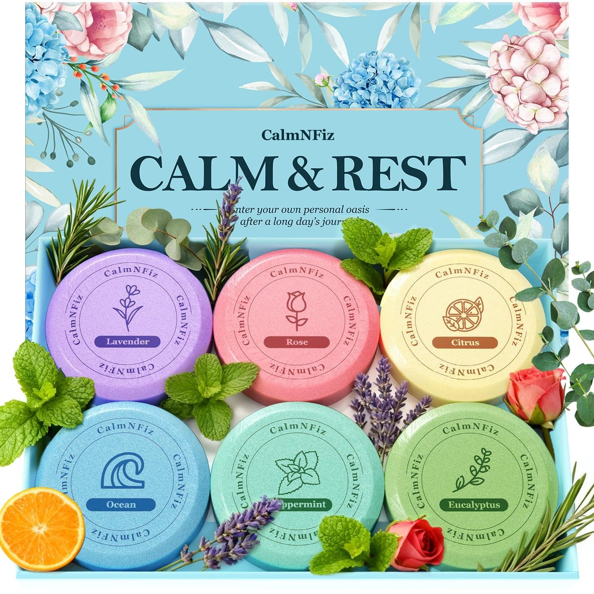 CalmNFiz 6er-Pack Duschbomben Aromatherapie – Entspannung & Selbstpflege mit natürlichen ätherischen Ölen, ideales Geburtstagsgeschenk für Frauen und Männer