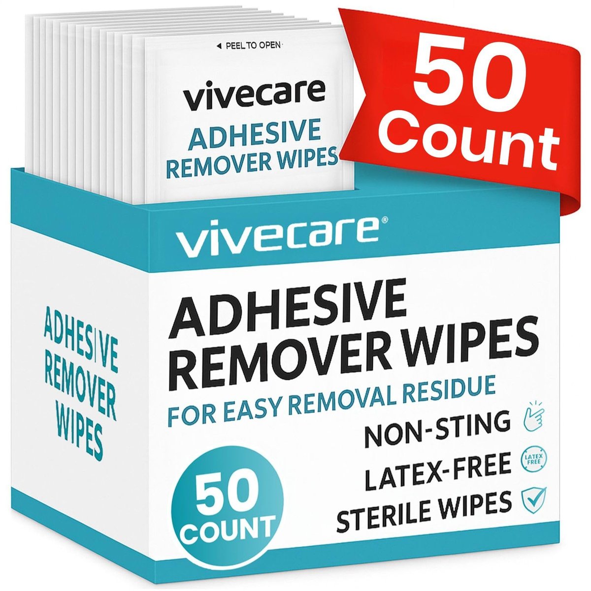ViveCare Medizinische Kleberückstandsentferner-Tücher für die Haut (50er-Pack) – Sanfte Kleberentferner-Pads – Ostomie- und Stoma-Kleberentfernungstücher & Reiniger – Klebebarriere