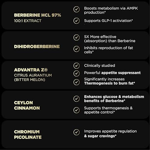Super GLP-1 Berberine Weight Loss Supplement mit Dihydroberberin, Ceylon-Zimt, Grüntee, Chrompicolinat – Ultra-hohe Potenz 100:1 Berberin natürliches GLP1 für Gewichtsverlust Pillen für Frauen