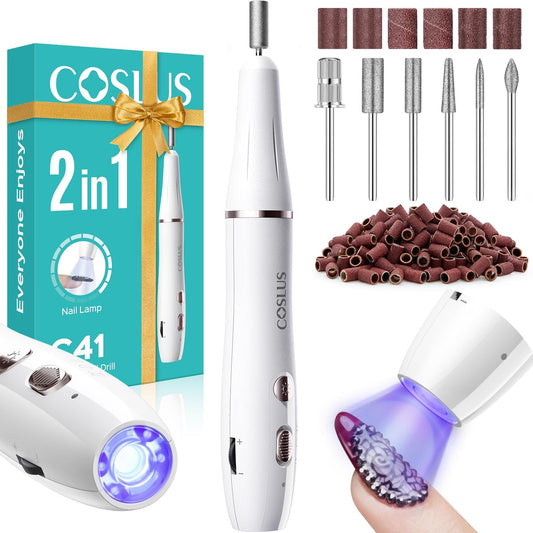 COSLUS Kabelloser Nagelbohrer C41 (END04) – 2-in-1 Nagelfeile mit Flash Cure für Acryl-Gel-Dip-Pulvernägel, stufenlose Geschwindigkeitsregelung für Anfänger, tragbarer Profi-Pediküre-Set