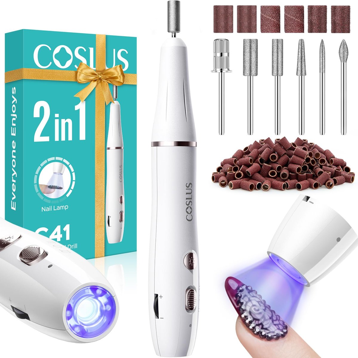 COSLUS Kabelloser Nagelbohrer C41 (END04) – 2-in-1 Nagelfeile mit Flash Cure für Acryl-Gel-Dip-Pulvernägel, stufenlose Geschwindigkeitsregelung für Anfänger, tragbarer Profi-Pediküre-Set