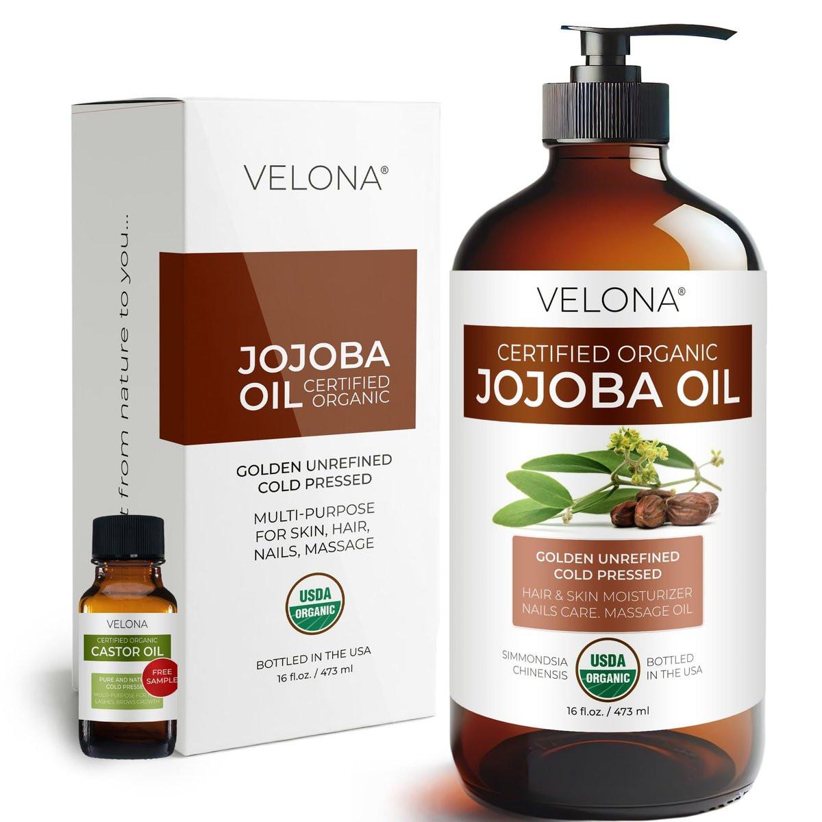 velona Jojobaöl USDA Bio - 16 Fl Oz in Glasflasche | 100% rein und natürlich | Gold, unraffiniert, kaltgepresst, hexanfrei | Feuchtigkeitsspendende Gesichts-, Haar-, Körper- und Hautpflege