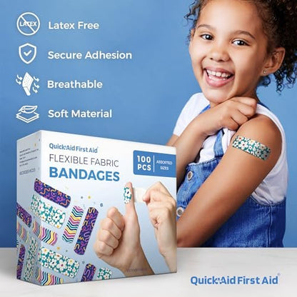 Quick Aid First Aid Wonderland Pflaster, bunte Pflaster Variety Pack 100 Stück, lustige Designs für Kinder und Erwachsene, sanfte Haftung, weich und atmungsaktiv, latexfrei, für kleine Schnitte und Schrammen, Erste-Hilfe-Bedarf