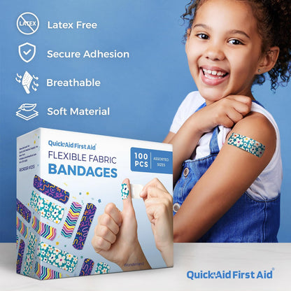 Quick Aid First Aid Wonderland Pflaster, bunte Pflaster Variety Pack 100 Stück, lustige Designs für Kinder und Erwachsene, sanfte Haftung, weich und atmungsaktiv, latexfrei, für kleine Schnitte und Schrammen, Erste-Hilfe-Bedarf