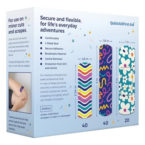 Quick Aid First Aid Wonderland Pflaster, bunte Pflaster Variety Pack 100 Stück, lustige Designs für Kinder und Erwachsene, sanfte Haftung, weich und atmungsaktiv, latexfrei, für kleine Schnitte und Schrammen, Erste-Hilfe-Bedarf