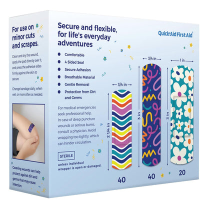 Quick Aid First Aid Wonderland Pflaster, bunte Pflaster Variety Pack 100 Stück, lustige Designs für Kinder und Erwachsene, sanfte Haftung, weich und atmungsaktiv, latexfrei, für kleine Schnitte und Schrammen, Erste-Hilfe-Bedarf