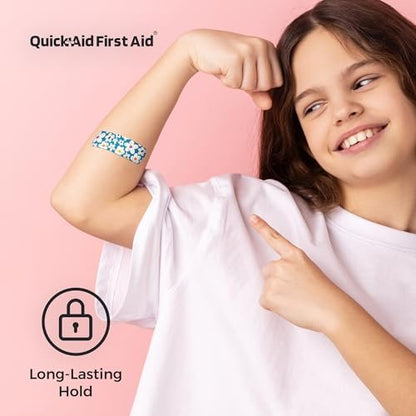Quick Aid First Aid Wonderland Pflaster, bunte Pflaster Variety Pack 100 Stück, lustige Designs für Kinder und Erwachsene, sanfte Haftung, weich und atmungsaktiv, latexfrei, für kleine Schnitte und Schrammen, Erste-Hilfe-Bedarf