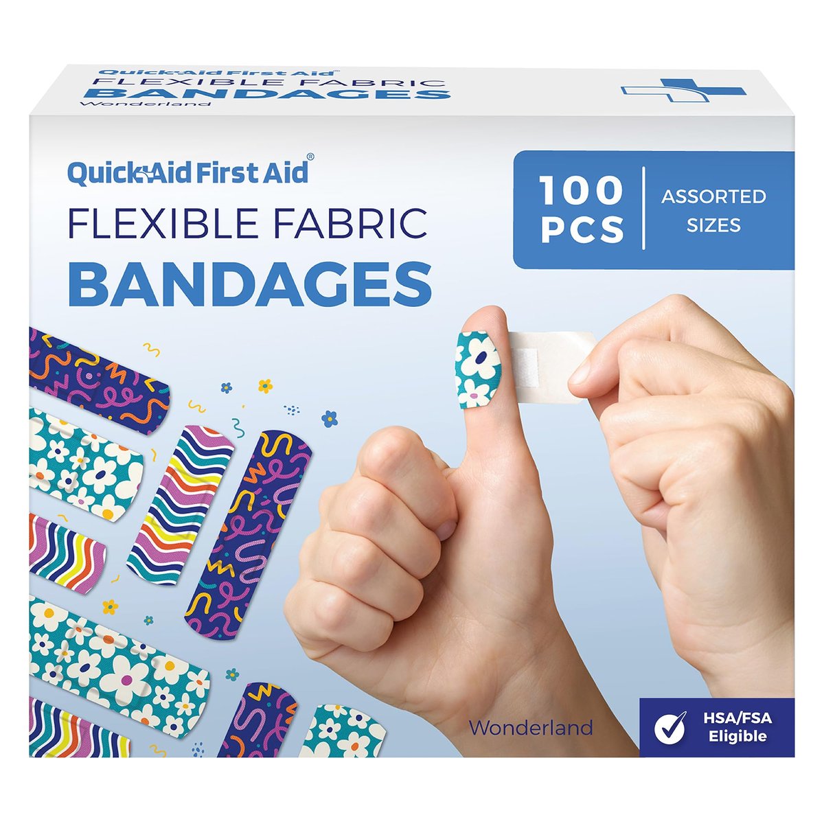 Quick Aid First Aid Wonderland Pflaster, bunte Pflaster Variety Pack 100 Stück, lustige Designs für Kinder und Erwachsene, sanfte Haftung, weich und atmungsaktiv, latexfrei, für kleine Schnitte und Schrammen, Erste-Hilfe-Bedarf