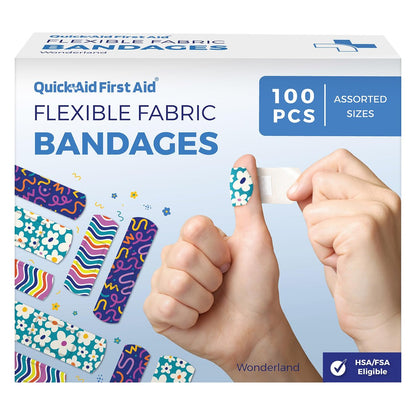 Quick Aid First Aid Wonderland Pflaster, bunte Pflaster Variety Pack 100 Stück, lustige Designs für Kinder und Erwachsene, sanfte Haftung, weich und atmungsaktiv, latexfrei, für kleine Schnitte und Schrammen, Erste-Hilfe-Bedarf