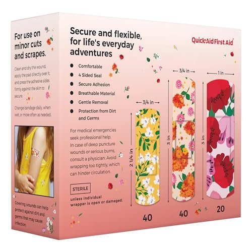 Quick Aid First Aid Blumenpflaster, Pflaster Variety Pack 100 Stück, lustige Designs für Kinder und Erwachsene, sanfte Haftung, weich, atmungsaktiv, latexfrei, für kleine Schnitte und Schürfwunden, Erste-Hilfe-Zubehör