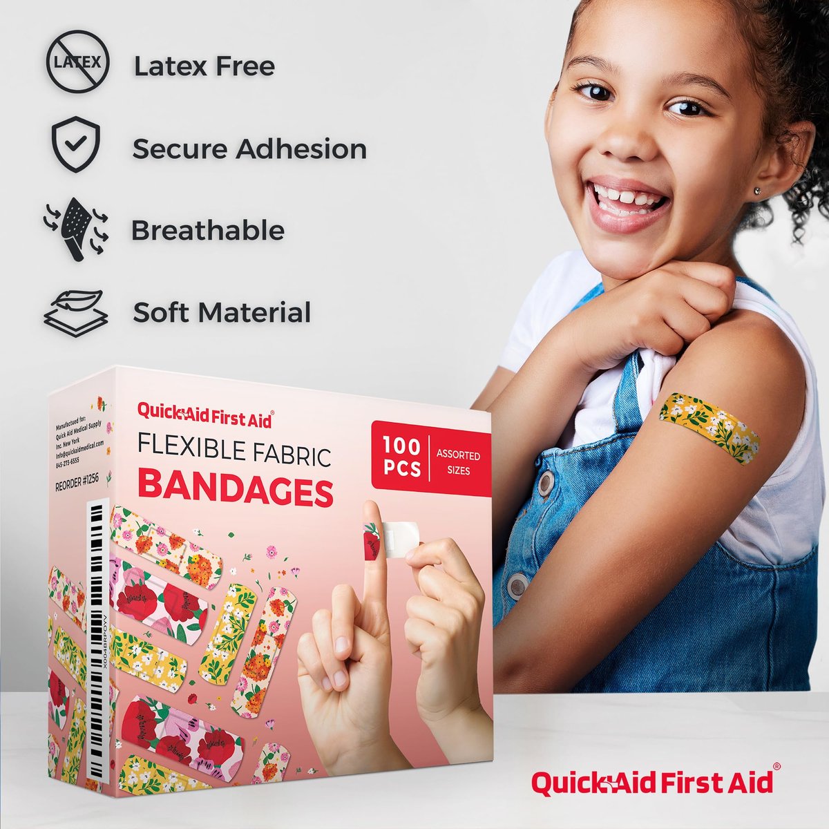 Quick Aid First Aid Blumenpflaster, Pflaster Variety Pack 100 Stück, lustige Designs für Kinder und Erwachsene, sanfte Haftung, weich, atmungsaktiv, latexfrei, für kleine Schnitte und Schürfwunden, Erste-Hilfe-Zubehör