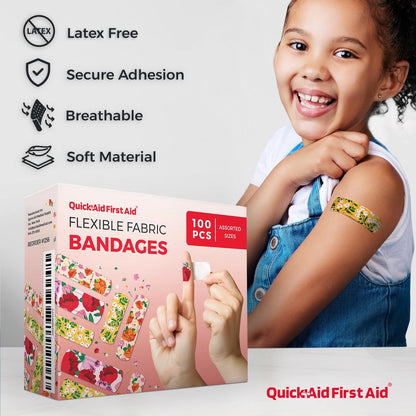 Quick Aid First Aid Blumenpflaster, Pflaster Variety Pack 100 Stück, lustige Designs für Kinder und Erwachsene, sanfte Haftung, weich, atmungsaktiv, latexfrei, für kleine Schnitte und Schürfwunden, Erste-Hilfe-Zubehör