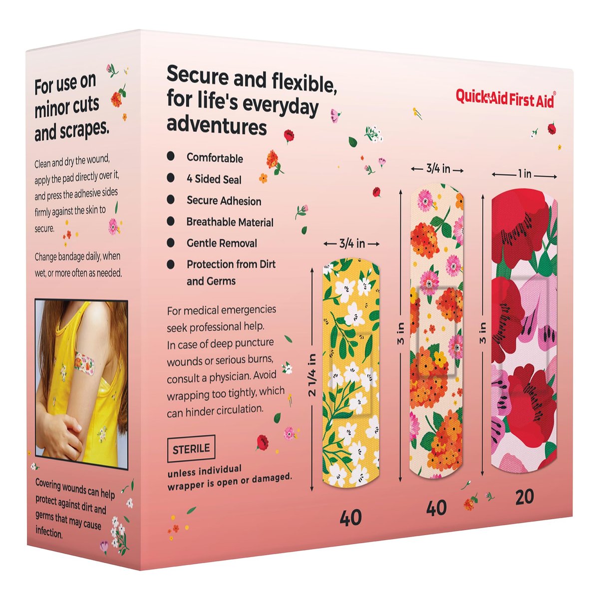 Quick Aid First Aid Blumenpflaster, Pflaster Variety Pack 100 Stück, lustige Designs für Kinder und Erwachsene, sanfte Haftung, weich, atmungsaktiv, latexfrei, für kleine Schnitte und Schürfwunden, Erste-Hilfe-Zubehör
