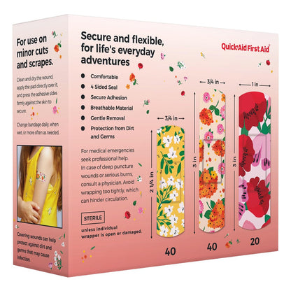 Quick Aid First Aid Blumenpflaster, Pflaster Variety Pack 100 Stück, lustige Designs für Kinder und Erwachsene, sanfte Haftung, weich, atmungsaktiv, latexfrei, für kleine Schnitte und Schürfwunden, Erste-Hilfe-Zubehör