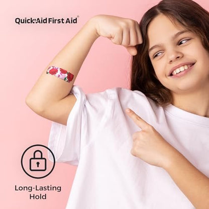 Quick Aid First Aid Blumenpflaster, Pflaster Variety Pack 100 Stück, lustige Designs für Kinder und Erwachsene, sanfte Haftung, weich, atmungsaktiv, latexfrei, für kleine Schnitte und Schürfwunden, Erste-Hilfe-Zubehör