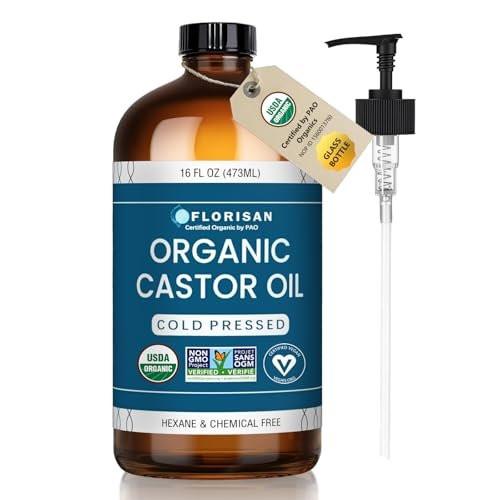 Florisan Bio Rizinusöl 16oz Glasflasche, Kaltgepresst, Hexanfrei, Nicht-GVO, 100% Reines Rizinusöl für Haarwachstum, Haut, Wimpern, Augenbrauen, EWG-Verifiziert & USDA Bio-Zertifiziert