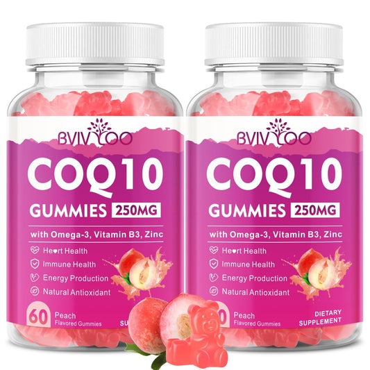 2er-Pack CoQ10 Gummis 250 mg mit Omega-3, Vitamin B3, Zink & Magnesium – Hochdosiertes Coenzym Q10 für Herzgesundheit, Zellenergie & Antioxidantien – 120 Stück