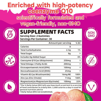 2er-Pack CoQ10 Gummis 250 mg mit Omega-3, Vitamin B3, Zink & Magnesium – Hochdosiertes Coenzym Q10 für Herzgesundheit, Zellenergie & Antioxidantien – 120 Stück