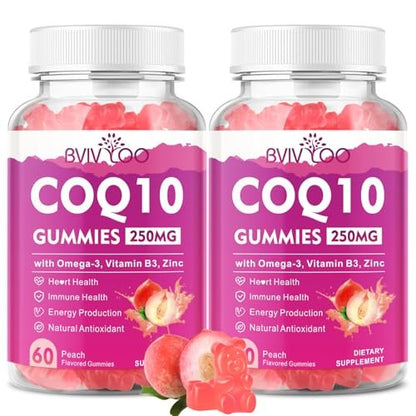 2er-Pack CoQ10 Gummis 250 mg mit Omega-3, Vitamin B3, Zink & Magnesium – Hochdosiertes Coenzym Q10 für Herzgesundheit, Zellenergie & Antioxidantien – 120 Stück