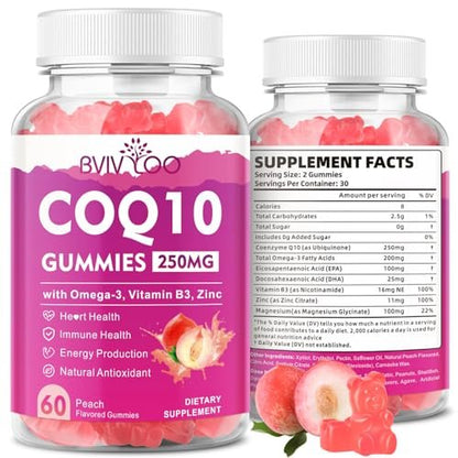Zuckerfreie CoQ10 Gummis 250mg mit Omega-3, Vitamin B3, Zink & Magnesium – Hochabsorbierbares Coenzym Q10 für Herzgesundheit, Zellenergie & antioxidative Unterstützung, 60 Stück