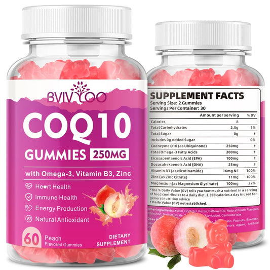 Zuckerfreie CoQ10 Gummis 250mg mit Omega-3, Vitamin B3, Zink & Magnesium – Hochabsorbierbares Coenzym Q10 für Herzgesundheit, Zellenergie & antioxidative Unterstützung, 60 Stück