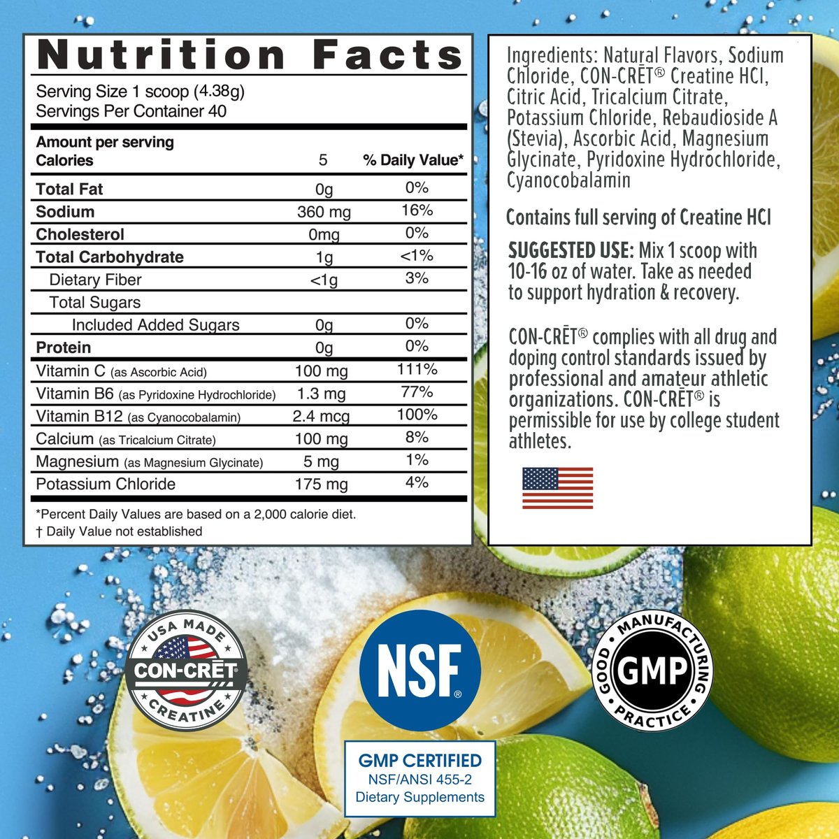 CON-CRET Kreatin HCl + Hydration | Elektrolyt-Pulver-Dose | Lemon Lime | Zuckerfreie Elektrolyte | Rehydrationsformel mit Kalium, Natrium, Zink, Magnesium zur Hydratation & Erholung (40 Portionen)
