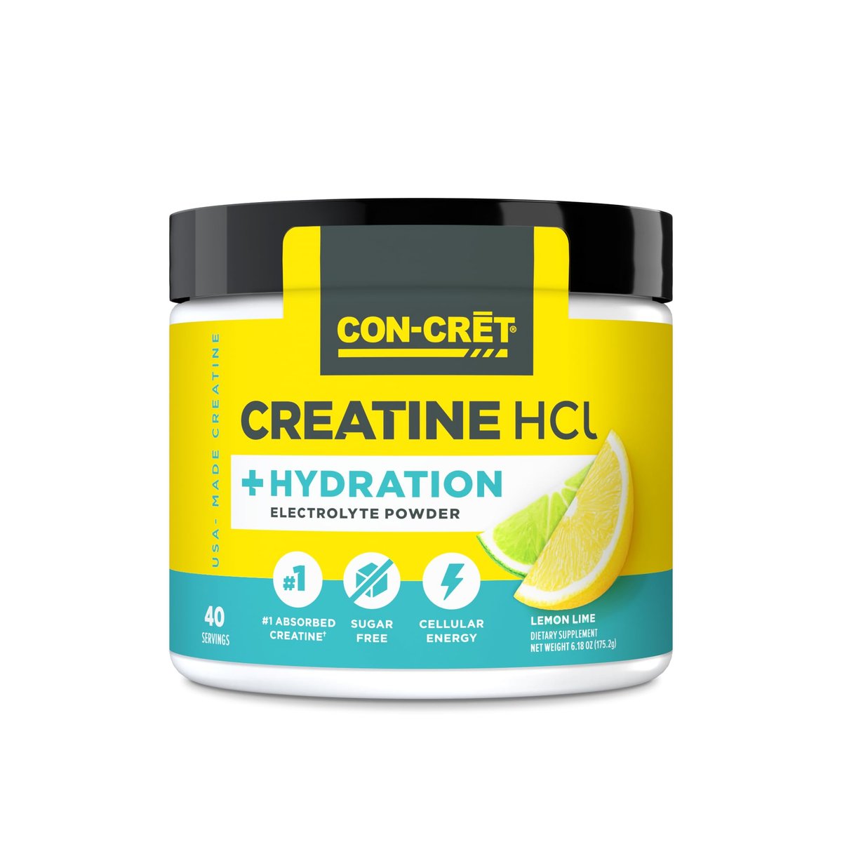 CON-CRET Kreatin HCl + Hydration | Elektrolyt-Pulver-Dose | Lemon Lime | Zuckerfreie Elektrolyte | Rehydrationsformel mit Kalium, Natrium, Zink, Magnesium zur Hydratation & Erholung (40 Portionen)