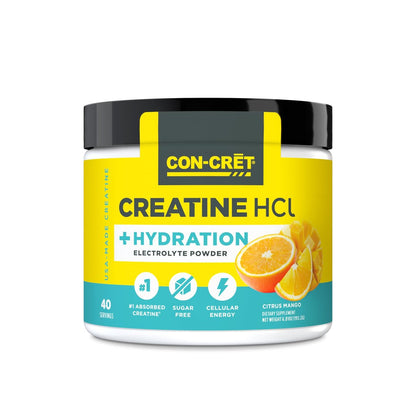 CON-CRET Creatin HCl + Hydration | Elektrolytpulver | Zitrone Mango | Zuckerfreie Elektrolyte | Rehydrationsformel mit Kalium, Natrium, Zink, Magnesium für Hydration & Regeneration (40 Portionen)