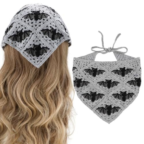 Gotischer Häkel-Stirnband mit Fledermausmuster – Baumwoll-Dreieckstuch für Frauen, Grau, Halloween-Stil
