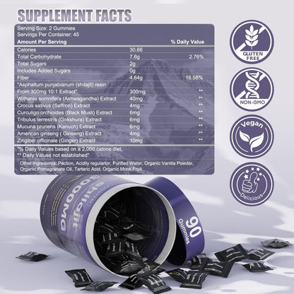 Reine Himalaya Shilajit Gummis für Männer & Frauen – 100% natürlich & bio | 85+ Spurenelemente & Fulvinsäure | 90 Stück | Einzeln verpackt