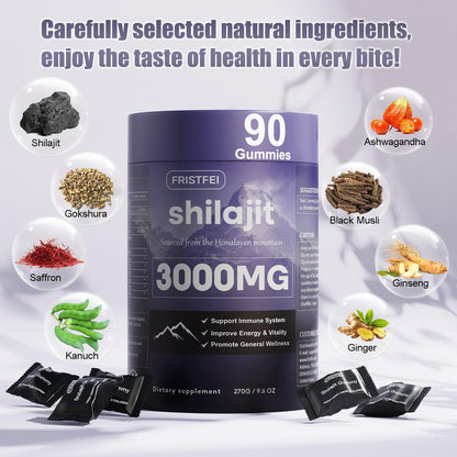 Reine Himalaya Shilajit Gummis für Männer & Frauen – 100% natürlich & bio | 85+ Spurenelemente & Fulvinsäure | 90 Stück | Einzeln verpackt