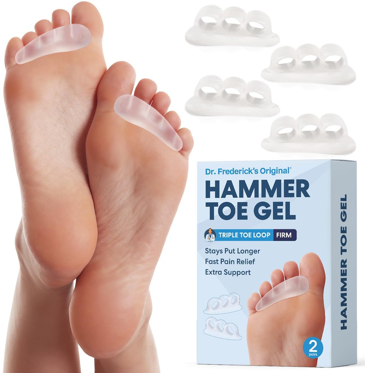 Dr. Frederick's Original Hammerzehen-Korrektur-Gels - 2 Paar - Ganztägige Linderung bei gekrümmten & überlappenden Zehen - Feste Polsterung - Symptomatische Unterstützung für Zehenausrichtung - Transparent - 3-Loop-Design