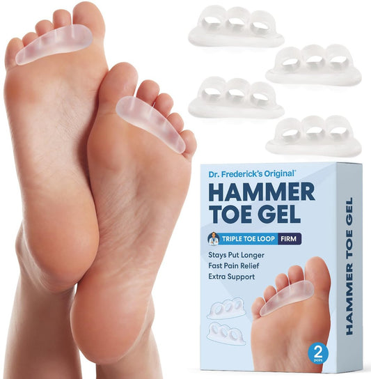Dr. Frederick's Original Hammerzehen-Korrektur-Gels - 2 Paar - Ganztägige Linderung bei gekrümmten & überlappenden Zehen - Feste Polsterung - Symptomatische Unterstützung für Zehenausrichtung - Transparent - 3-Loop-Design