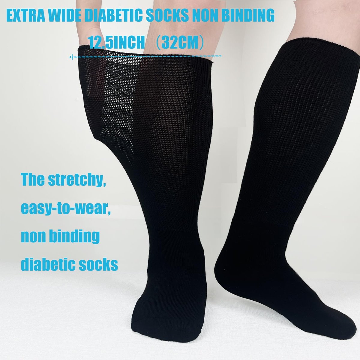Ioryzek Bariatrische Diabetikersocken für Damen und Herren, Extra weite Wade Kniestrümpfe für geschwollene Füße, Lymphödem, Neuropathie, Ödeme, Nicht einschnürende Krankenhaus-Wanderschuhe Socken, 3 Paar Schwarz
