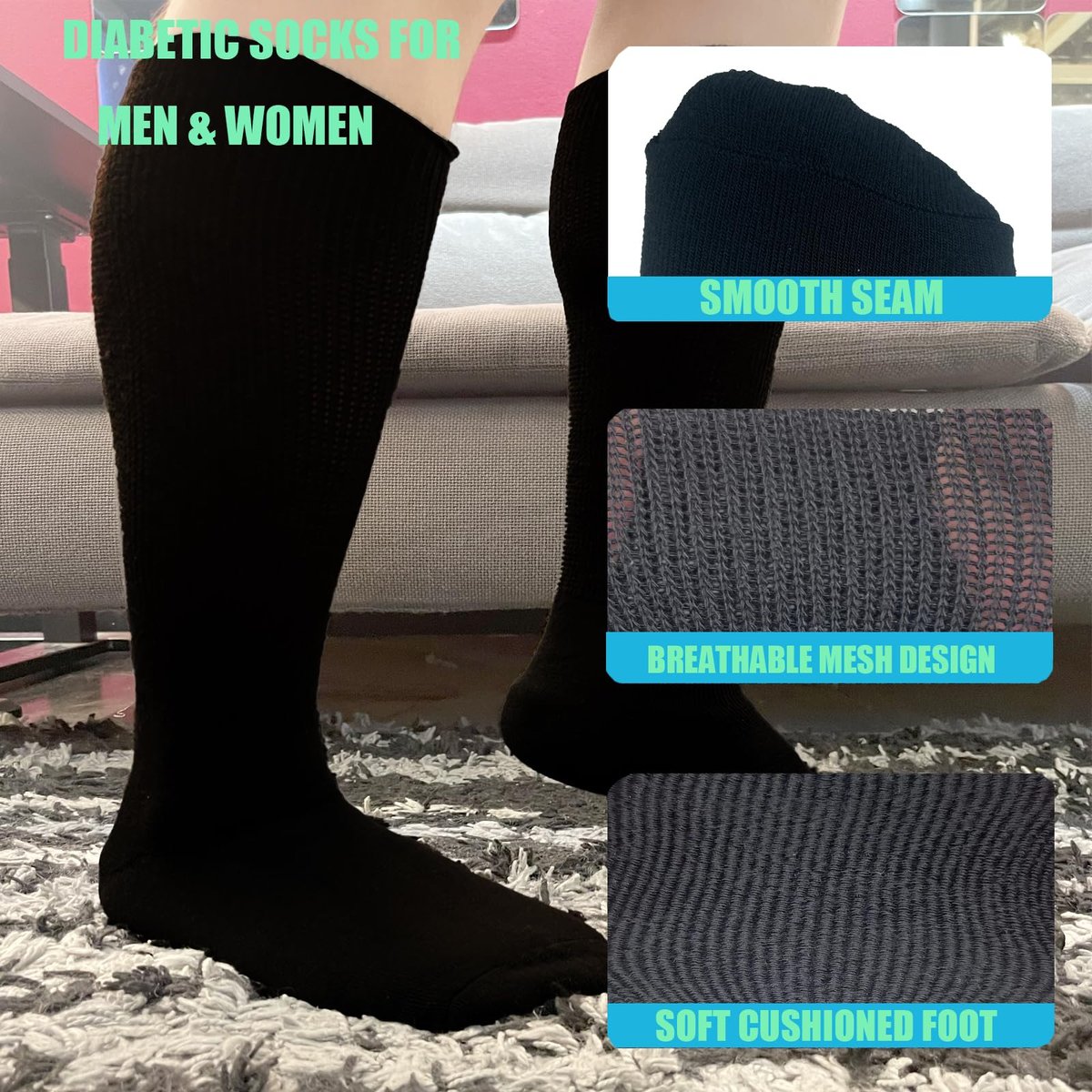 Ioryzek Bariatrische Diabetikersocken für Damen und Herren, Extra weite Wade Kniestrümpfe für geschwollene Füße, Lymphödem, Neuropathie, Ödeme, Nicht einschnürende Krankenhaus-Wanderschuhe Socken, 3 Paar Schwarz