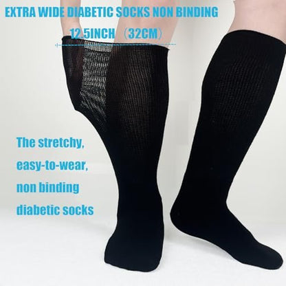 Ioryzek Bariatrische Diabetikersocken für Damen und Herren, Extra weite Wade Kniestrümpfe für geschwollene Füße, Lymphödem, Neuropathie, Ödeme, Nicht einschnürende Krankenhaus-Wanderschuhe Socken, 3 Paar Schwarz