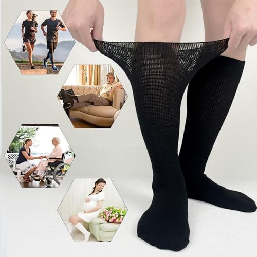 Ioryzek Bariatrische Diabetikersocken für Damen und Herren, Extra weite Wade Kniestrümpfe für geschwollene Füße, Lymphödem, Neuropathie, Ödeme, Nicht einschnürende Krankenhaus-Wanderschuhe Socken, 3 Paar Schwarz