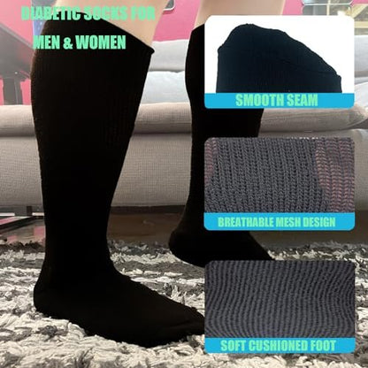 Ioryzek Bariatrische Diabetikersocken für Damen und Herren, Extra weite Wade Kniestrümpfe für geschwollene Füße, Lymphödem, Neuropathie, Ödeme, Nicht einschnürende Krankenhaus-Wanderschuhe Socken, 3 Paar Schwarz