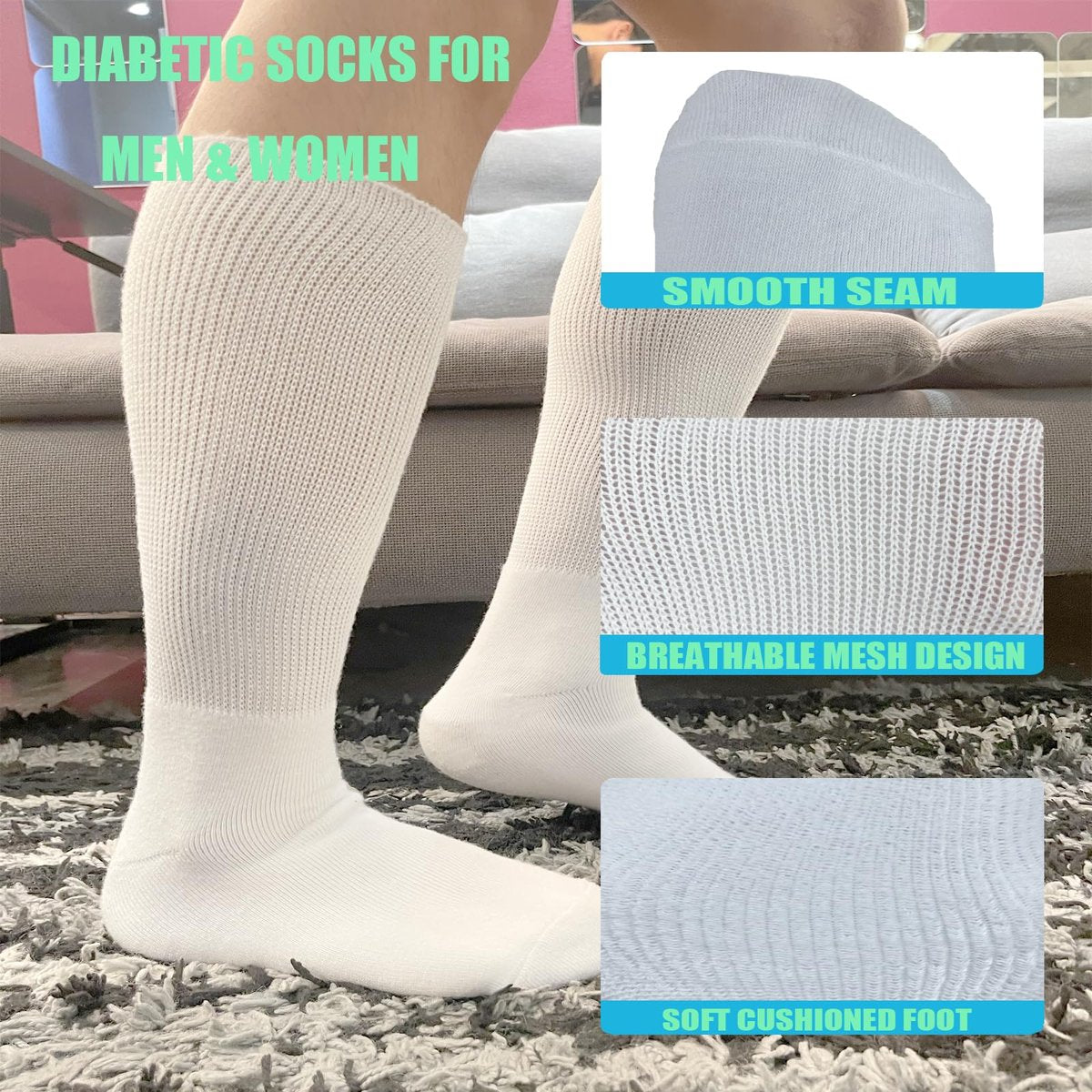 Ioryzek Bariatrische Diabetikersocken für Damen und Herren, Extra weite Wade Kniestrümpfe für geschwollene Füße, Lymphödem, Neuropathie, Ödeme, Nicht einengende Krankenhaus Gehstiefel Socken, 3 Paar Weiß