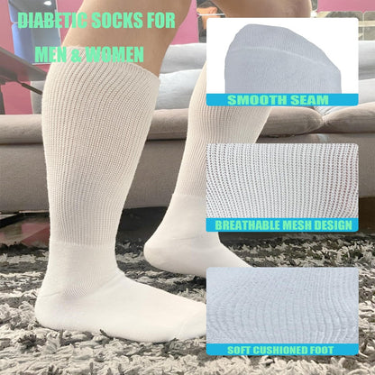 Ioryzek Bariatrische Diabetikersocken für Damen und Herren, Extra weite Wade Kniestrümpfe für geschwollene Füße, Lymphödem, Neuropathie, Ödeme, Nicht einengende Krankenhaus Gehstiefel Socken, 3 Paar Weiß