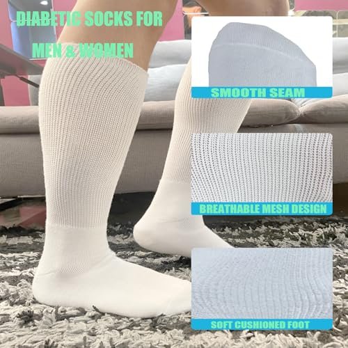 Ioryzek Bariatrische Diabetikersocken für Damen und Herren, Extra weite Wade Kniestrümpfe für geschwollene Füße, Lymphödem, Neuropathie, Ödeme, Nicht einengende Krankenhaus Gehstiefel Socken, 3 Paar Weiß