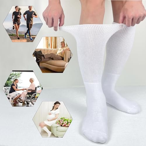 Ioryzek Bariatrische Diabetikersocken für Damen und Herren, Extra weite Wade Kniestrümpfe für geschwollene Füße, Lymphödem, Neuropathie, Ödeme, Nicht einengende Krankenhaus Gehstiefel Socken, 3 Paar Weiß