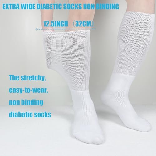 Ioryzek Bariatrische Diabetikersocken für Damen und Herren, Extra weite Wade Kniestrümpfe für geschwollene Füße, Lymphödem, Neuropathie, Ödeme, Nicht einengende Krankenhaus Gehstiefel Socken, 3 Paar Weiß