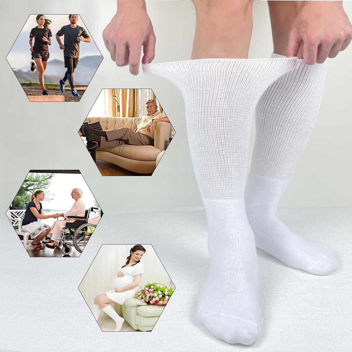 Ioryzek Bariatrische Diabetikersocken für Damen und Herren, Extra weite Wade Kniestrümpfe für geschwollene Füße, Lymphödem, Neuropathie, Ödeme, Nicht einengende Krankenhaus Gehstiefel Socken, 3 Paar Weiß