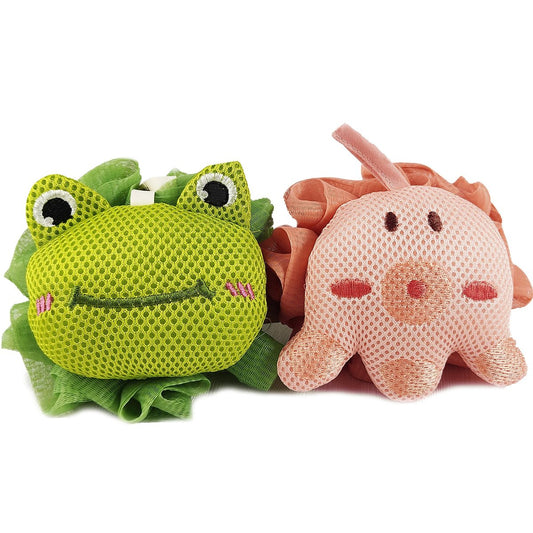 Frosch- und Oktopus-förmige Badeschwämme für Kinder, 2er-Pack, Peelingkörperbürste aus Mesh-Luffa für Babys, Frauen, Jungen und Mädchen